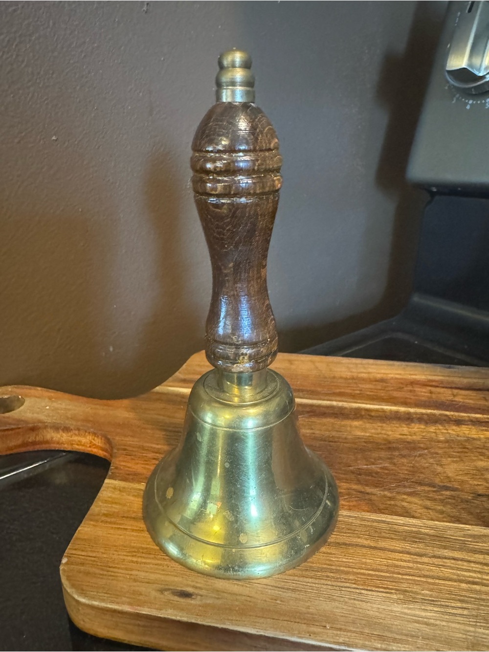 VINTAGE Solid Brass Hand Bell with Wooden Handle - Dinner Bell - School Bell